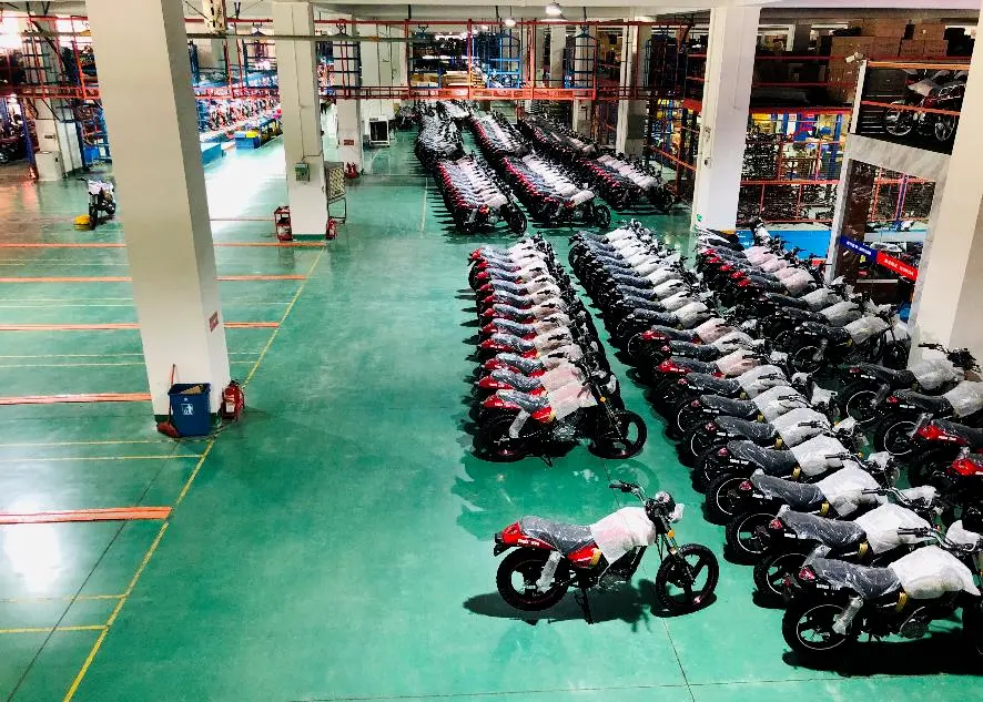 The factory showcases brand-new motorcycles.