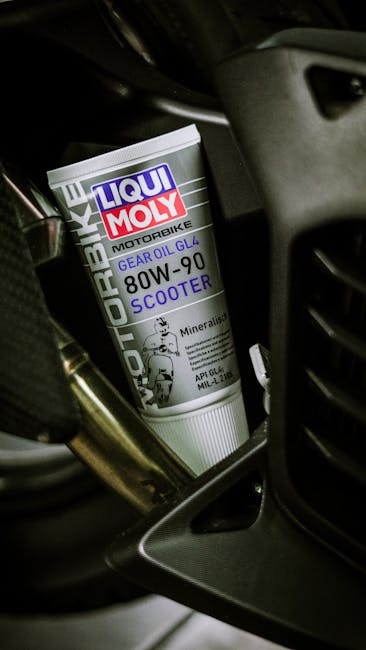 Liqui Moly gear oil container on a motorcycle, emphasizing quality and performance.