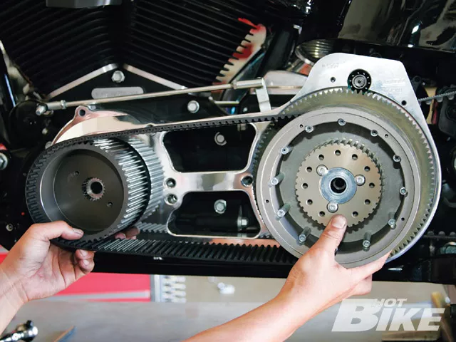 Toothed rubber drive belt on a cruiser motorcycle rear wheel