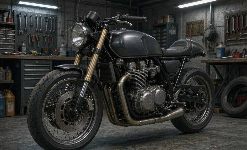 Cafe racer motorcycle with clip-on bars and solo seat