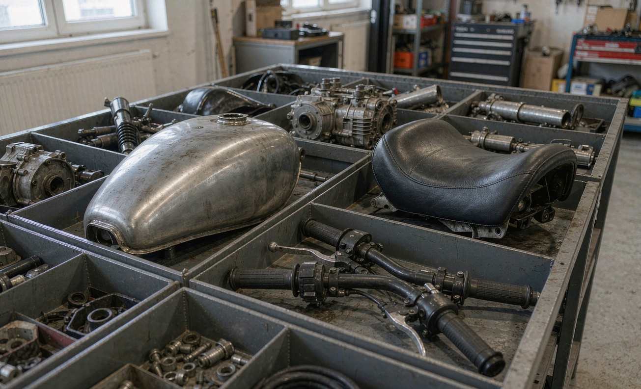 Motorcycle parts bin for custom assembly