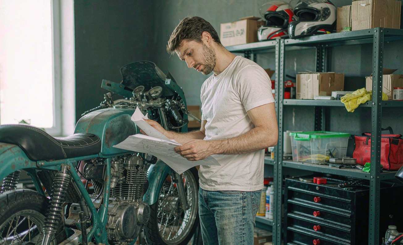 Builder checking a cafe racer specification sheet