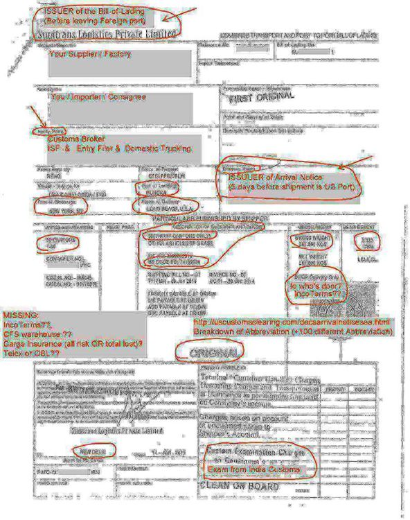 Close-up of a bill of lading and commercial invoice on a desk