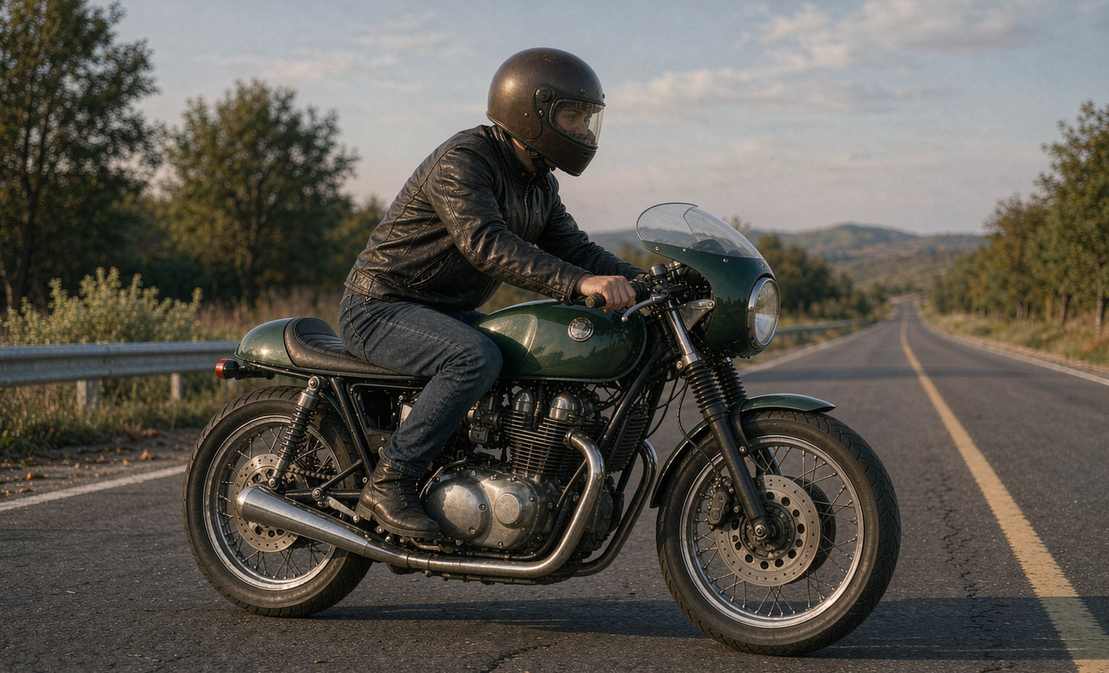 Rider in an upright cafe racer position