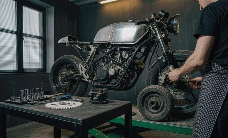 Cafe racer project bike on a lift in a workshop
