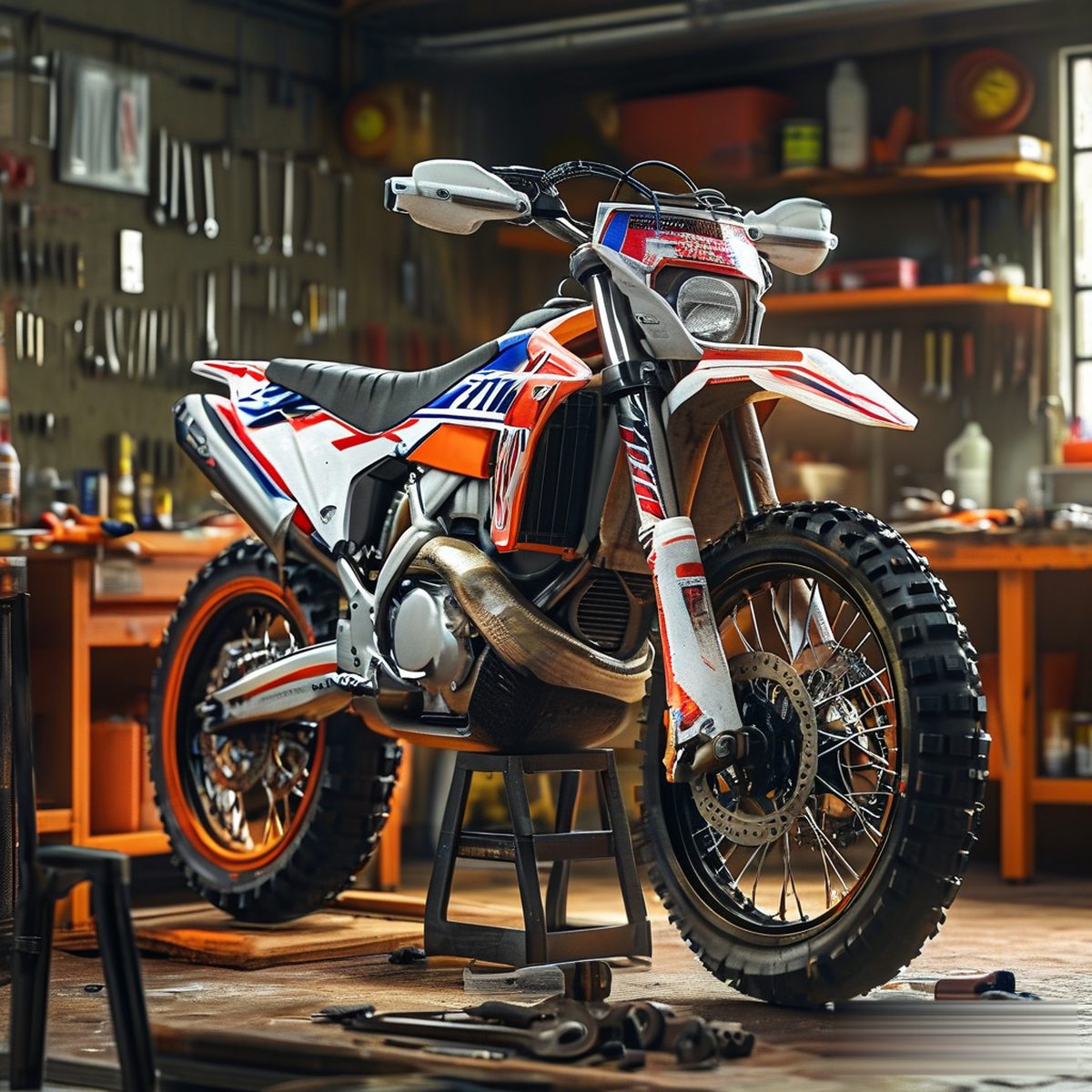 Dirt bike on a maintenance stand in a home garage with tools on the floor