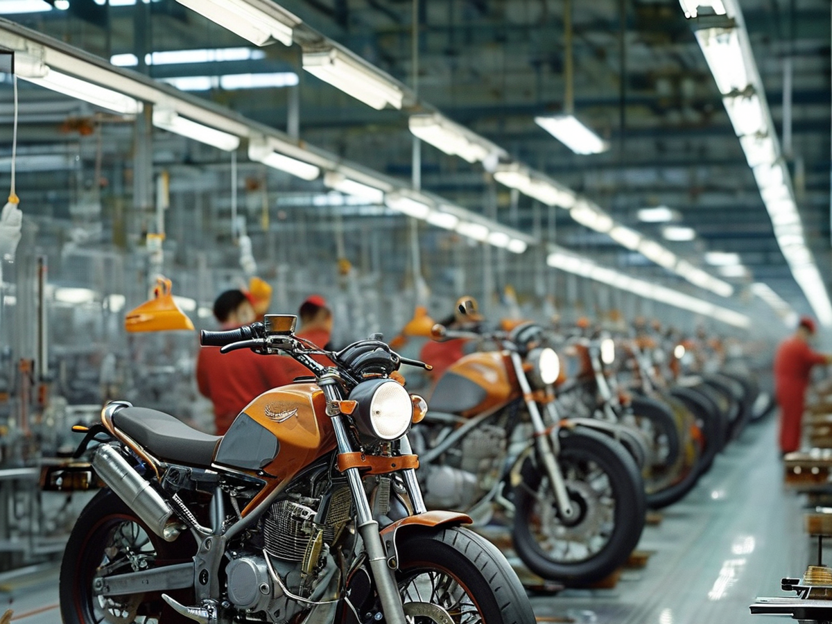 Motorcycle assembly production line at a Chinese motorcycle factory, showing partially built 150cc commuter bikes on the line