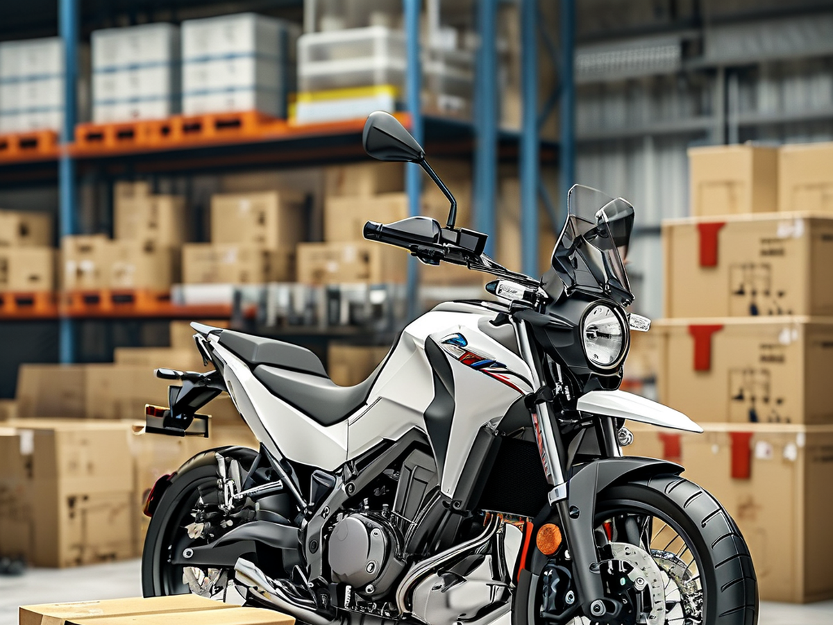 A fully assembled motorcycle in a warehouse, representing the CBU import form