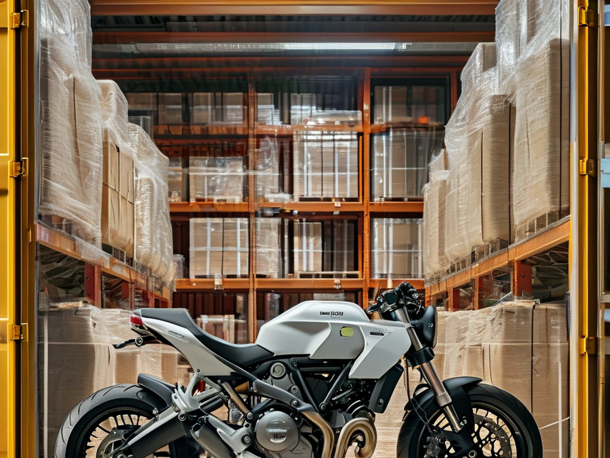 Motorcycle frames on wooden pallets inside a 40-foot shipping container, packed for export