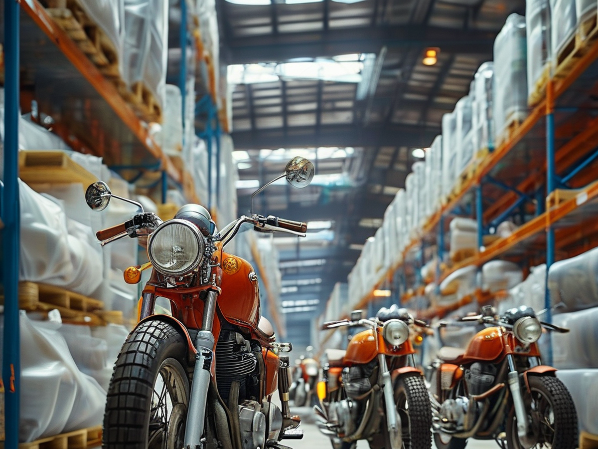 A fully assembled commuter motorcycle on a wooden pallet, ready for container loading as a CBU export unit