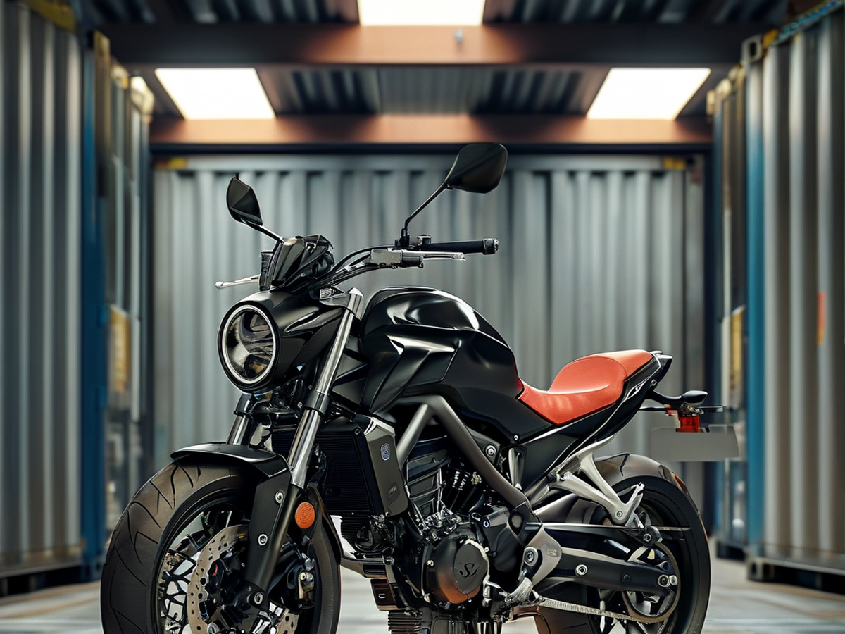 A fully assembled commuter motorcycle on a wooden pallet, ready for container loading as a CBU export unit
