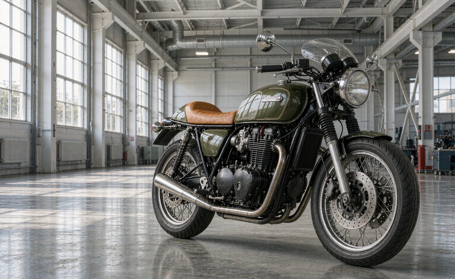 Classic style cafe racer motorcycle with tan seat and round headlamp in a showroom