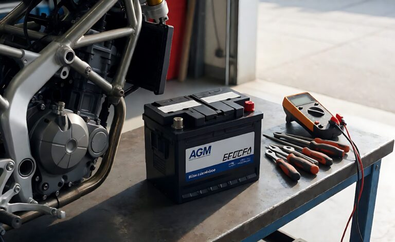 Motorcycle AGM battery on a workshop bench beside a motorcycle frame