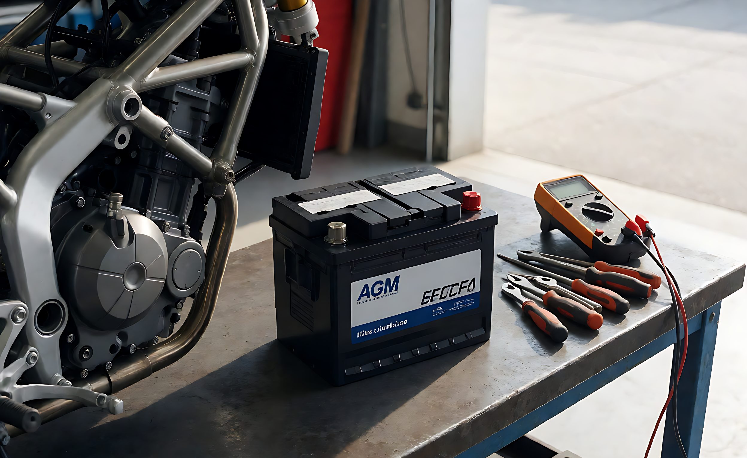 Motorcycle AGM battery on a workshop bench beside a motorcycle frame