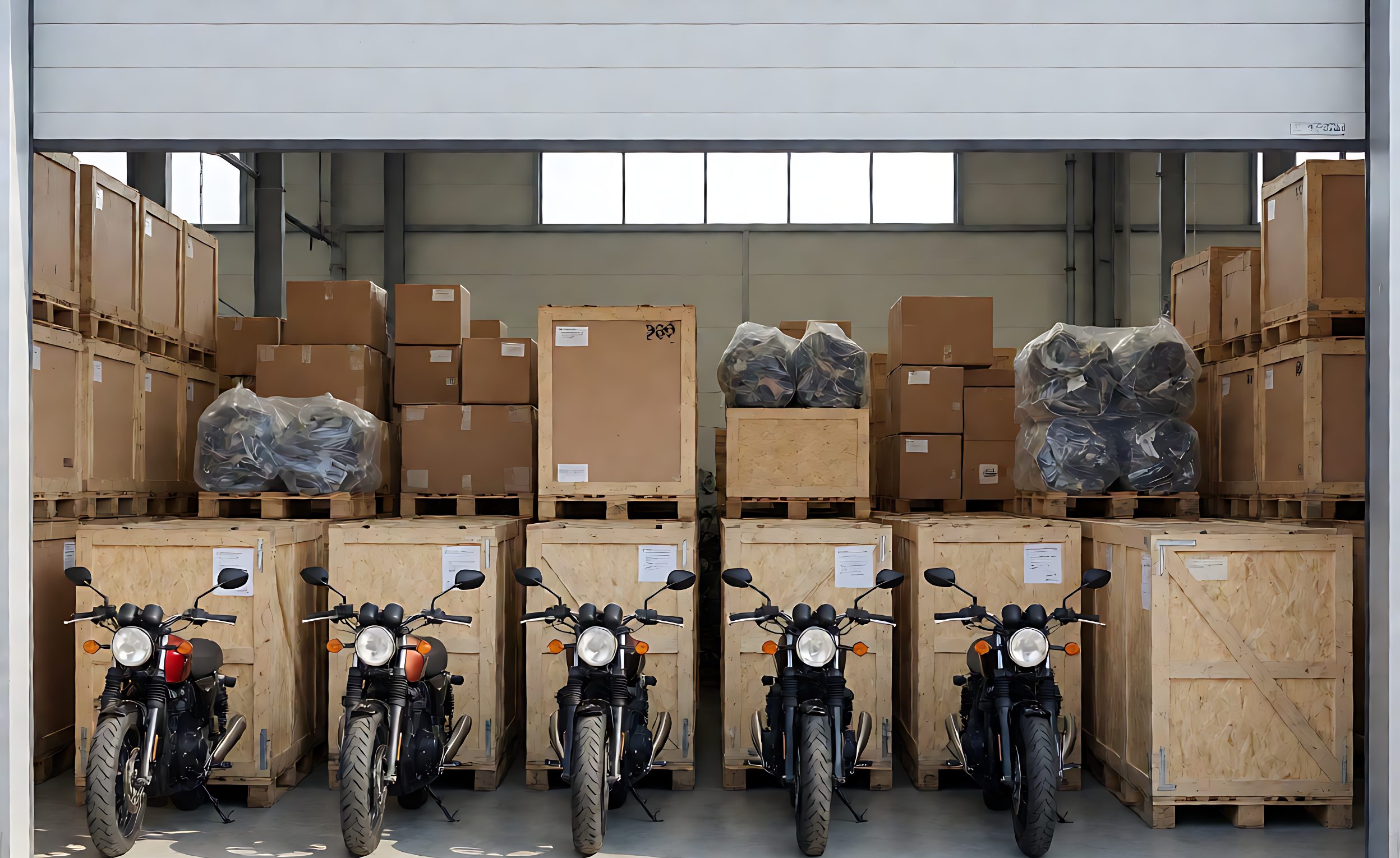 Container interior with crated motorcycles and stacked spare parts cartons