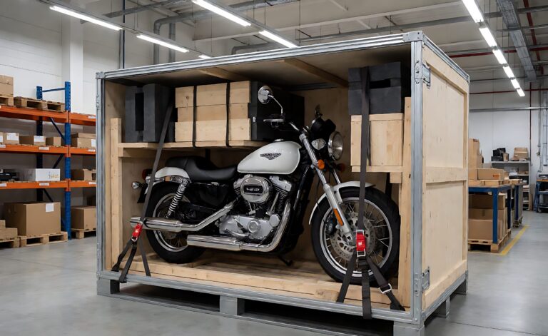 Motorcycle secured inside an export crate with straps and bracing
