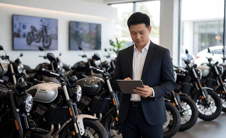 Händlerleiter prüft Finanzierungsdokumente in einer Showroom