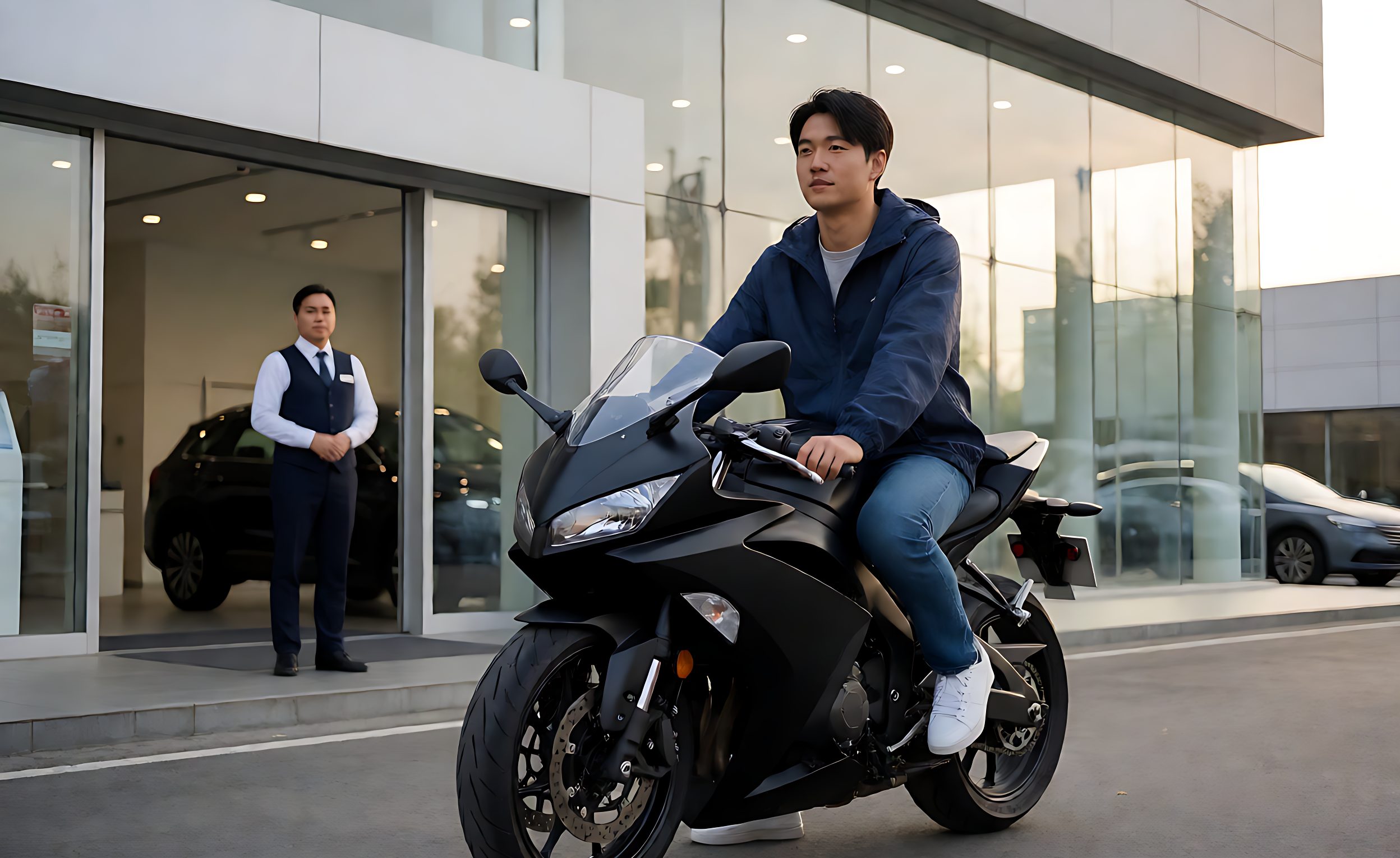 Customer returning from a test ride at a dealership forecourt