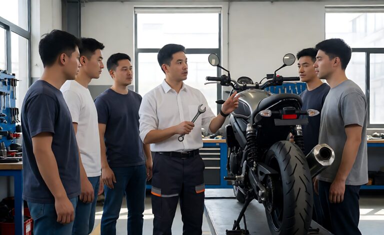Schulungsdemonstration zur Motorradwartung für Techniker in einer Werkstatt