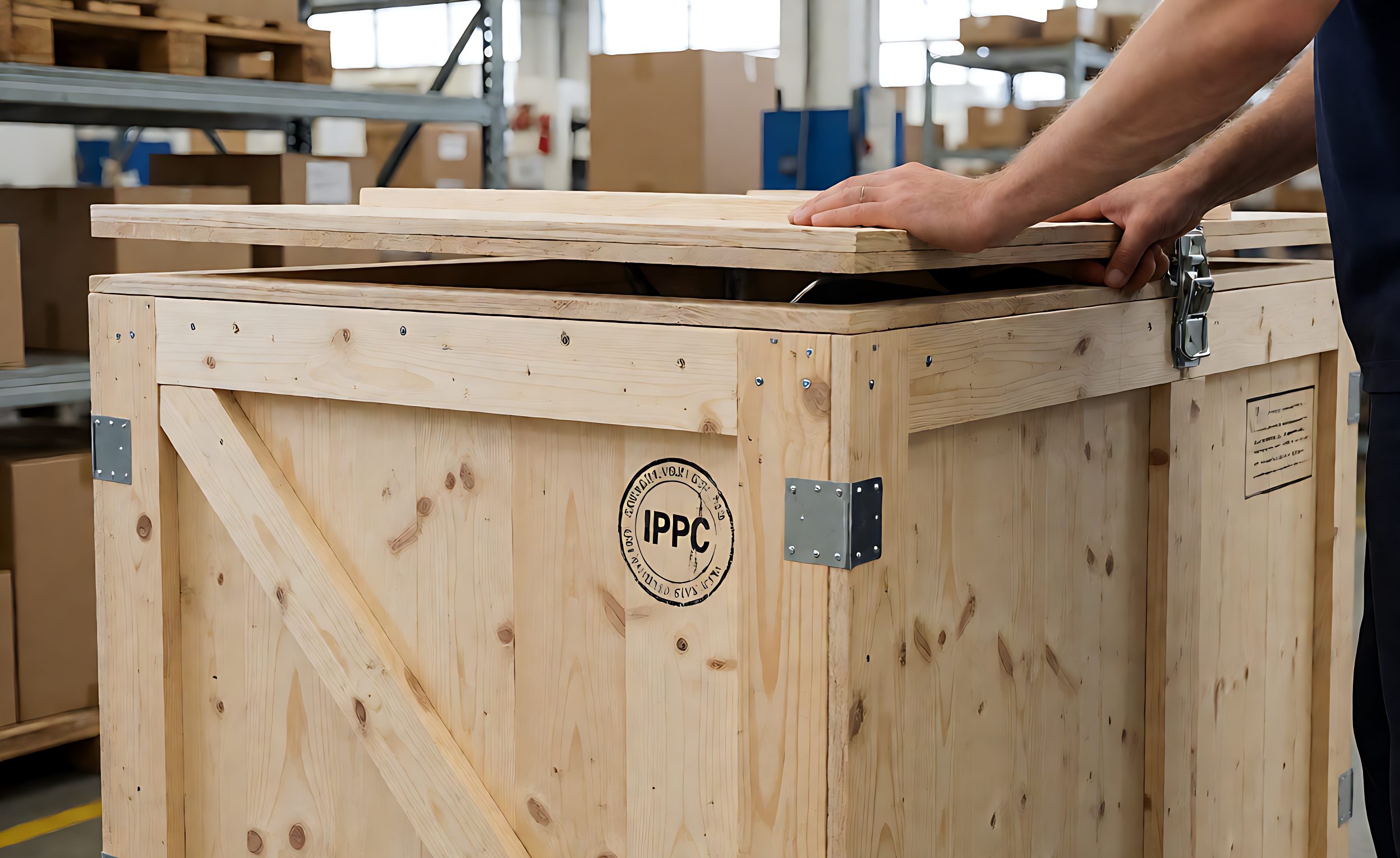 Wooden export crate holding a motorcycle being closed in a packing area