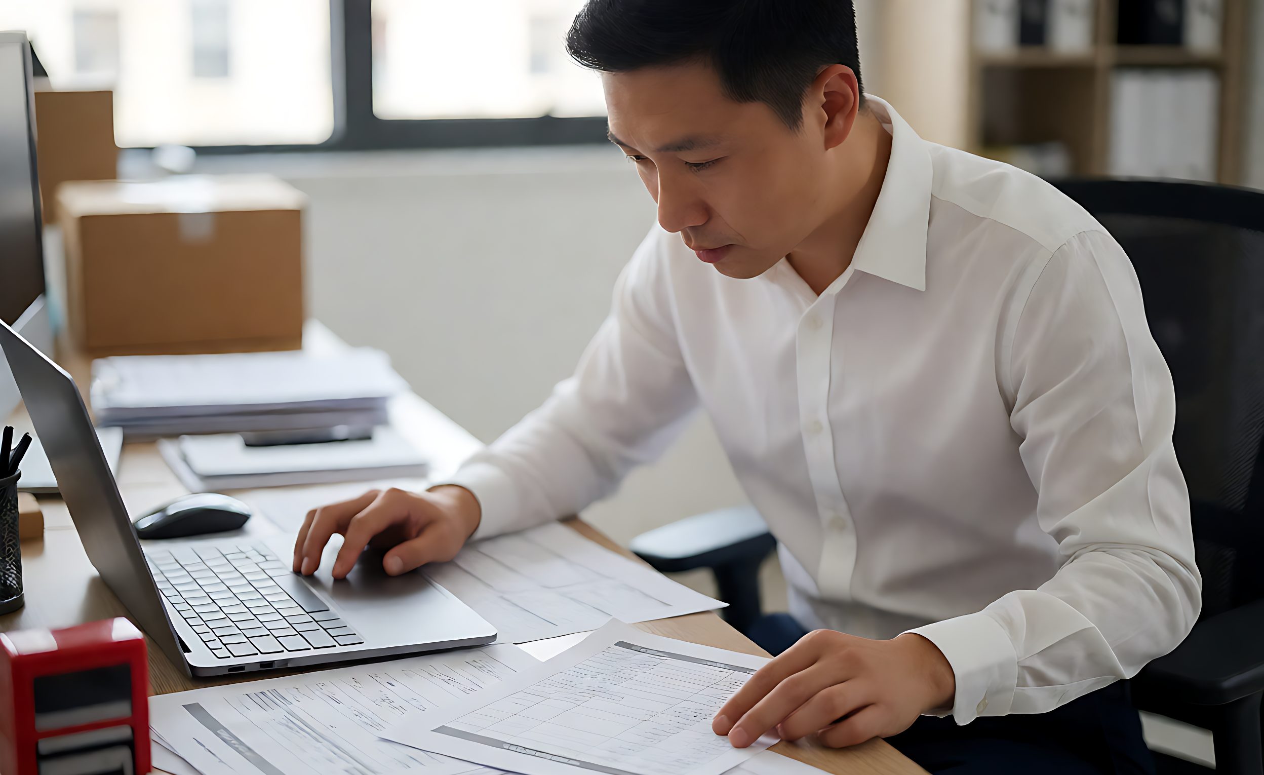Export coordinator comparing a printed packing list with unit records