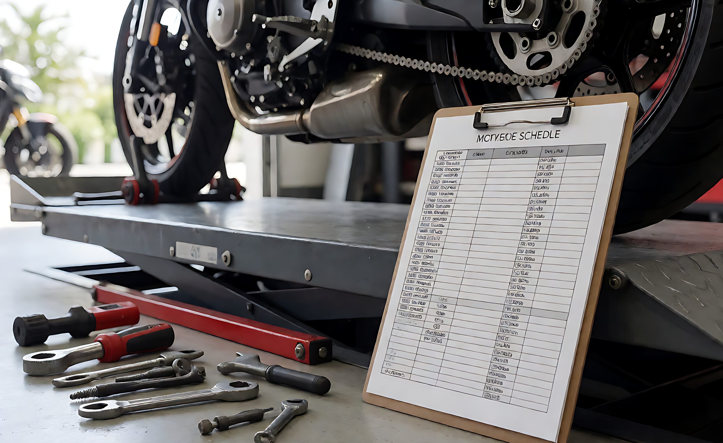 Printed motorcycle service schedule chart on a clipboard beside a motorcycle on a lift