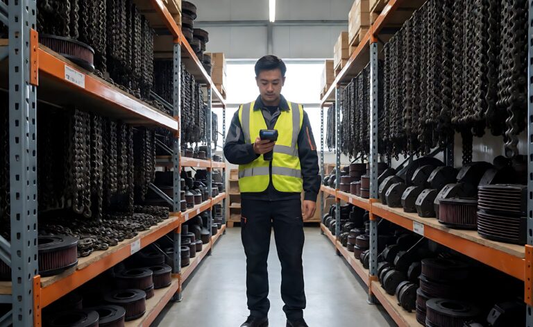 Motorcycle spare parts warehouse with shelving of chains, filters and brake pads