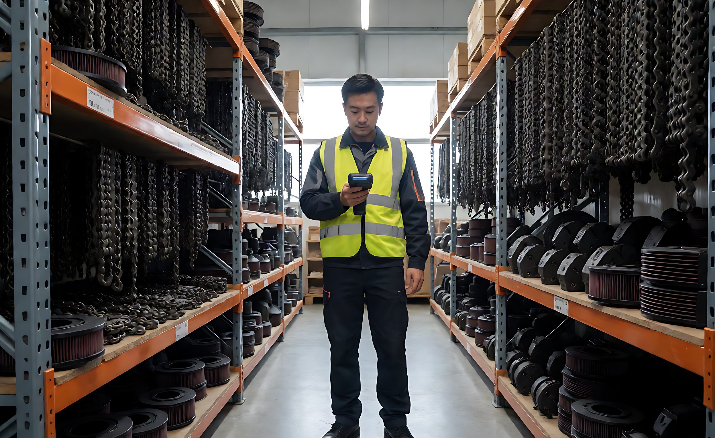 Motorcycle spare parts warehouse with shelving of chains, filters and brake pads