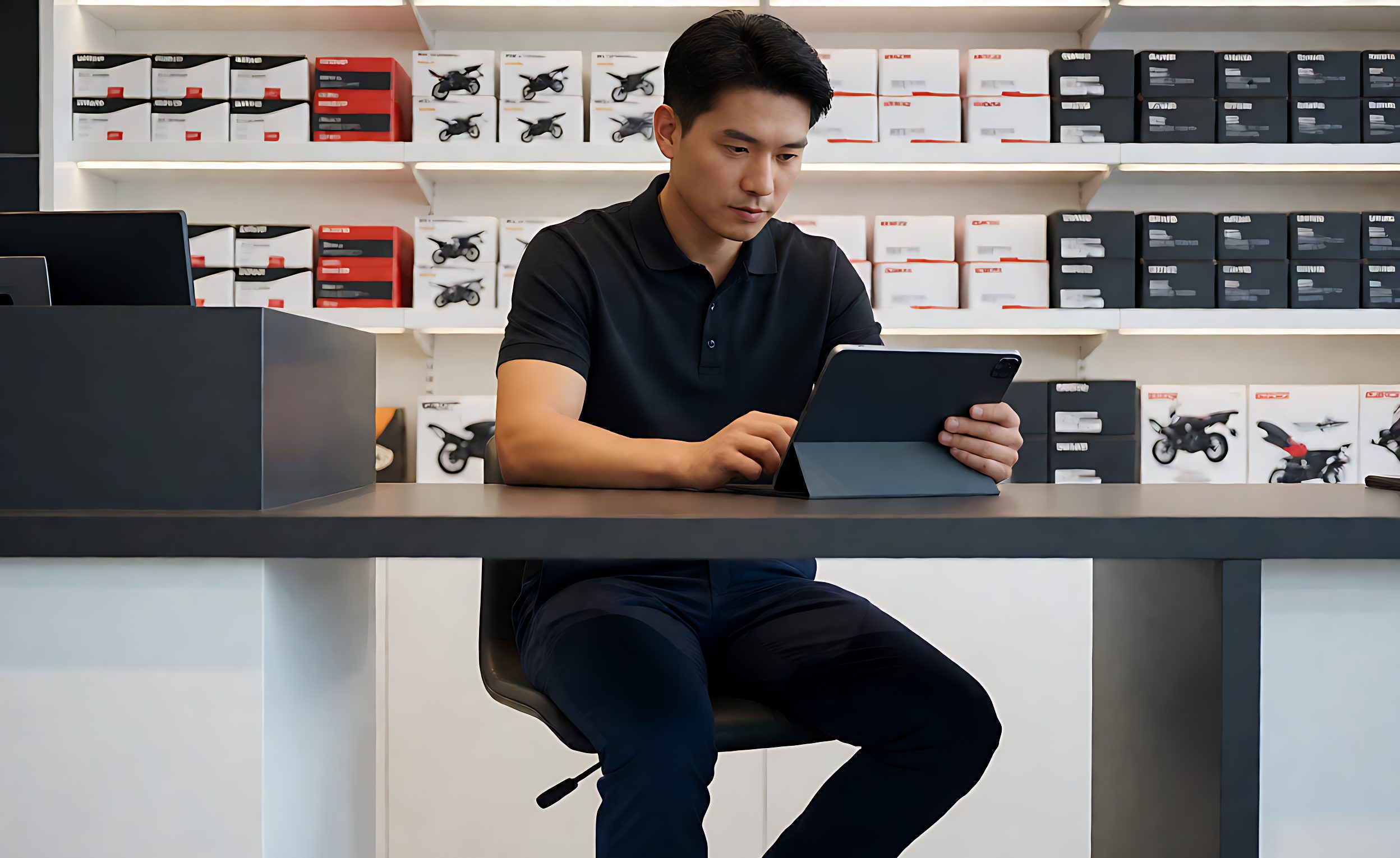 Parts counter in a motorcycle dealership with a manager reviewing a price list