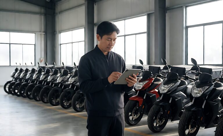 Fleet manager reviewing tracking data on a tablet beside delivery motorcycles