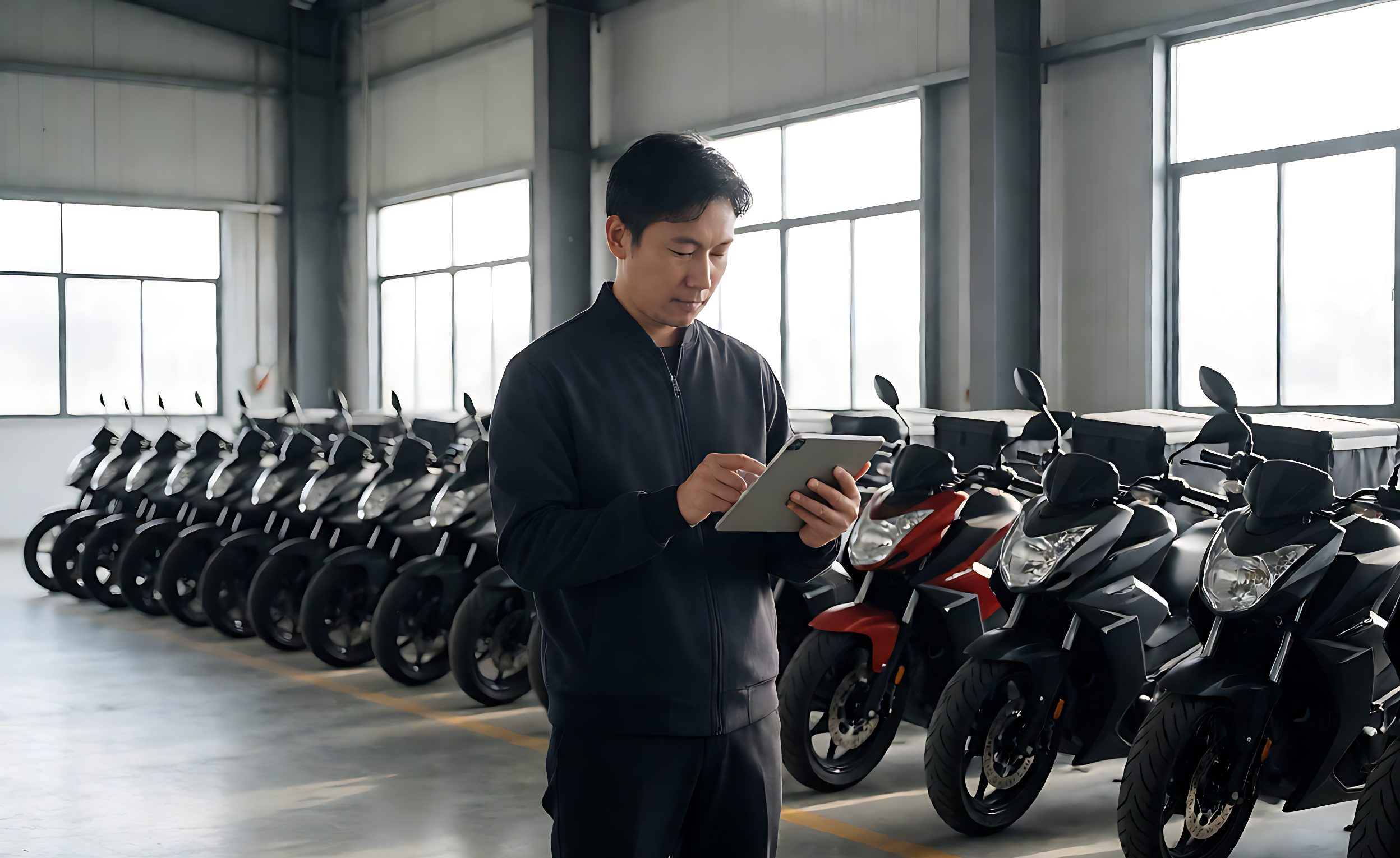 Fleet manager reviewing tracking data on a tablet beside delivery motorcycles