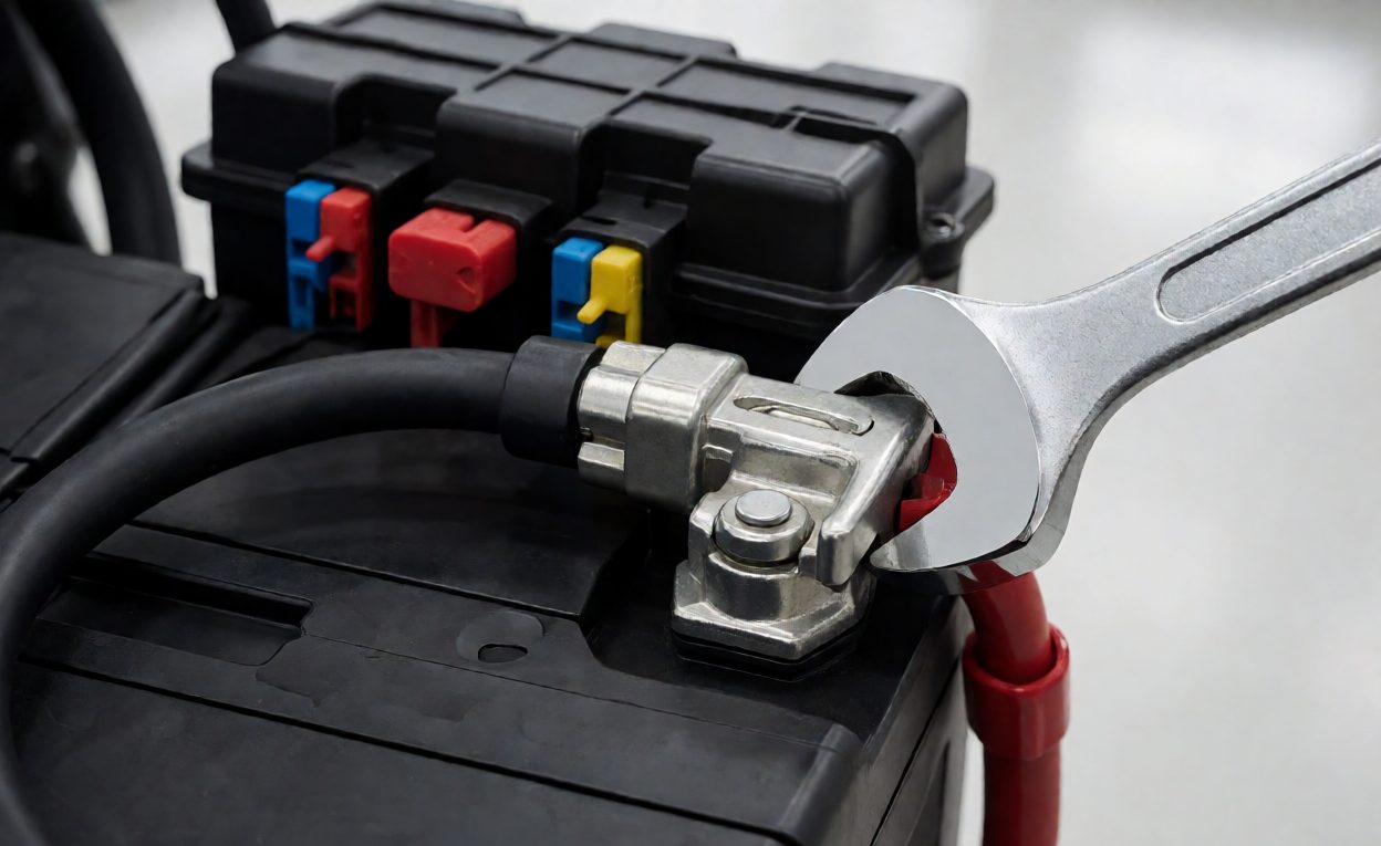 Battery Terminal Connection On A Motorcycle Wrench tightening a battery terminal lead on a motorcycle