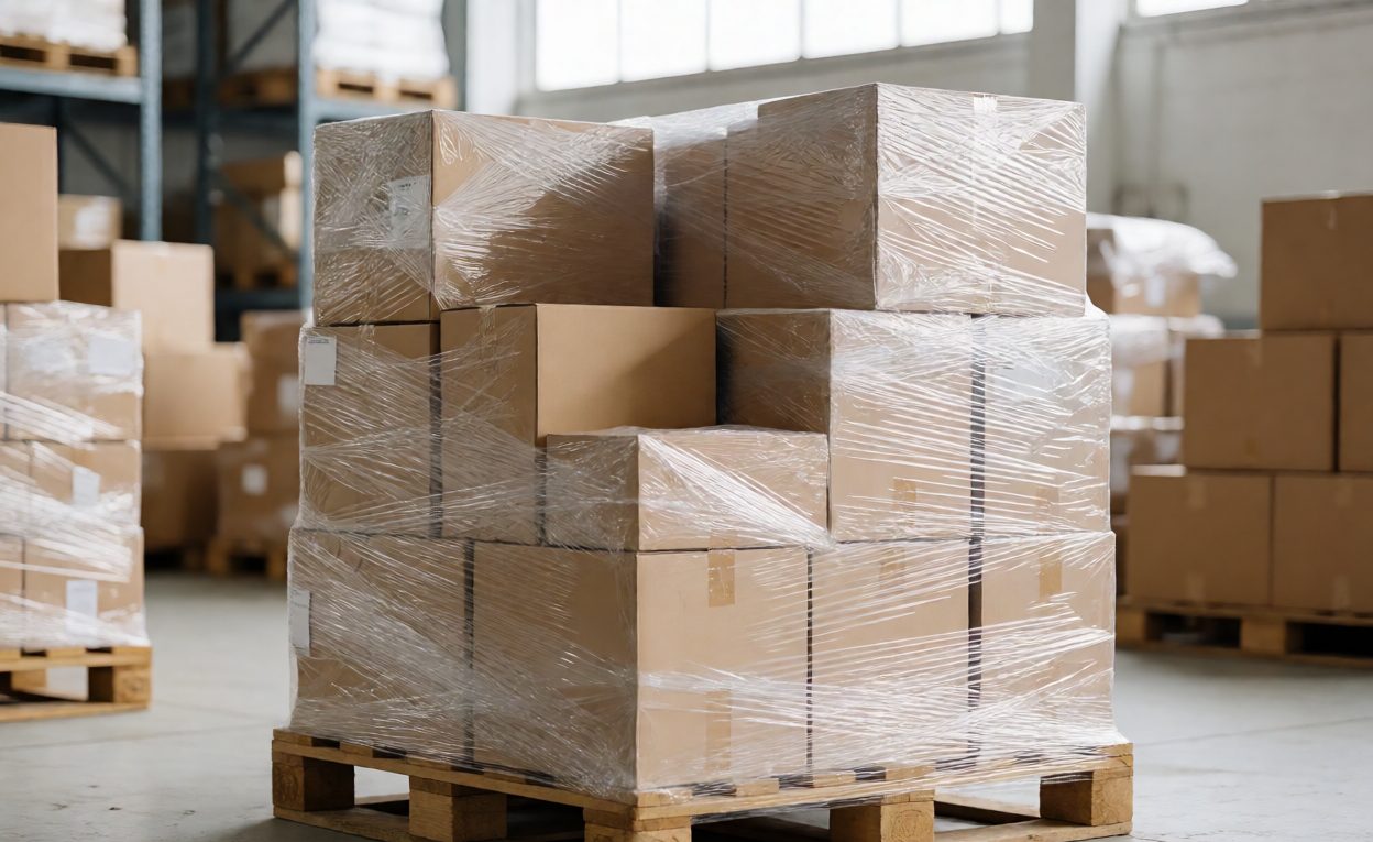 Palletised Spare Parts Cartons Spare parts cartons stacked and wrapped on a pallet