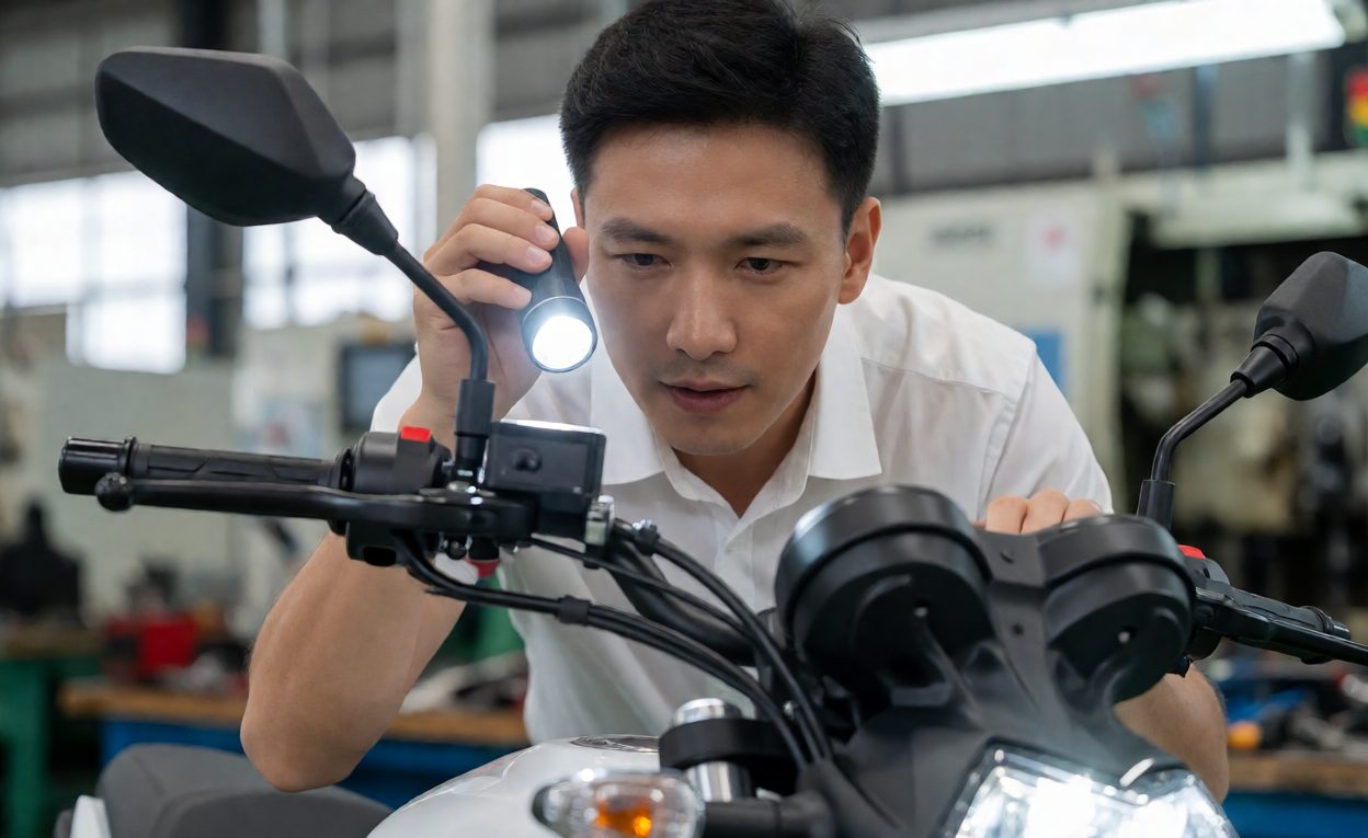 Function Checks During Pre-Shipment Inspection Inspector checking brake lever and headlight on a new motorcycle