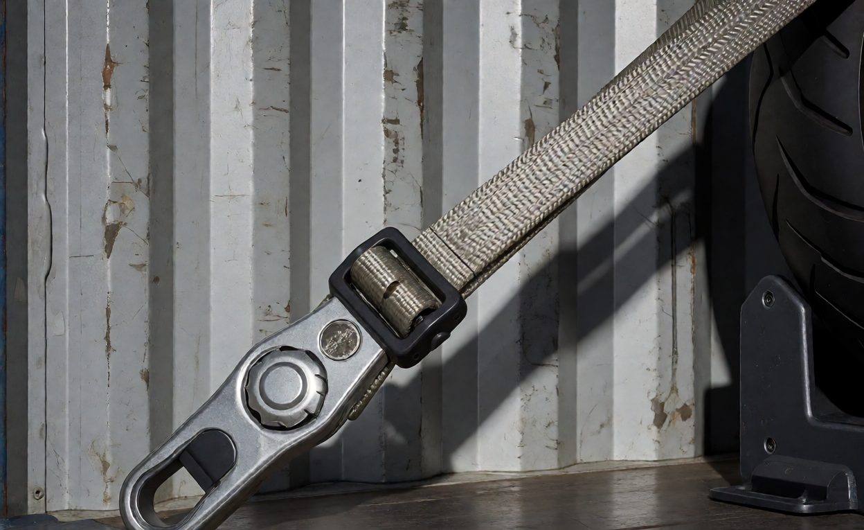 Strap And Wheel Chock Securing Ratchet strap and wheel chock securing a motorcycle inside a container