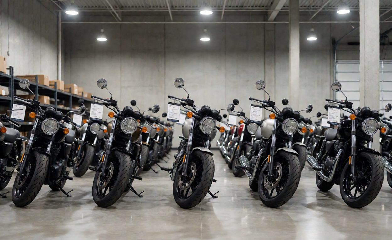 Financed Inventory In The Stockroom Row of floorplan-financed motorcycles with numbered tags in a stockroom