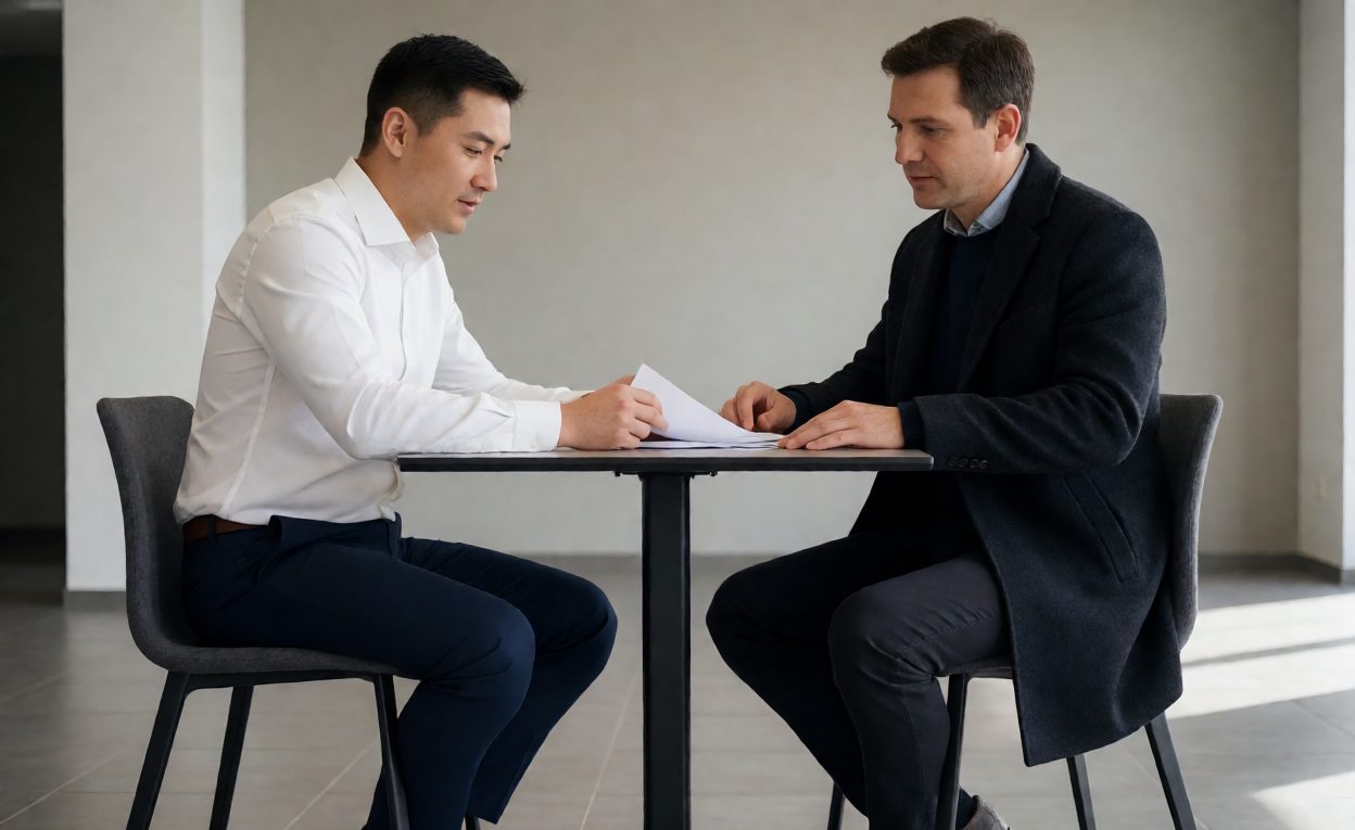 Aligning Before The Fit-Out Starts Supplier representative reviewing onboarding documents with a new dealer principal