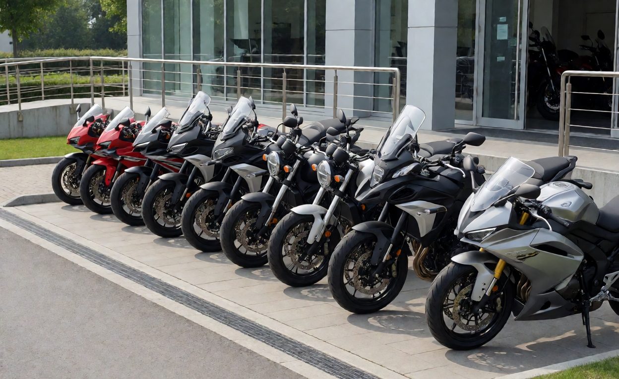 Demo Fleet Parked At The Showroom Row of demonstration motorcycles lined up outside a showroom