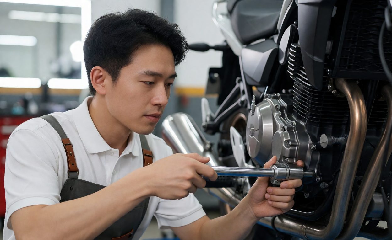 Technician Working In A Service Bay Technician using a torque wrench on a motorcycle engine in a service bay