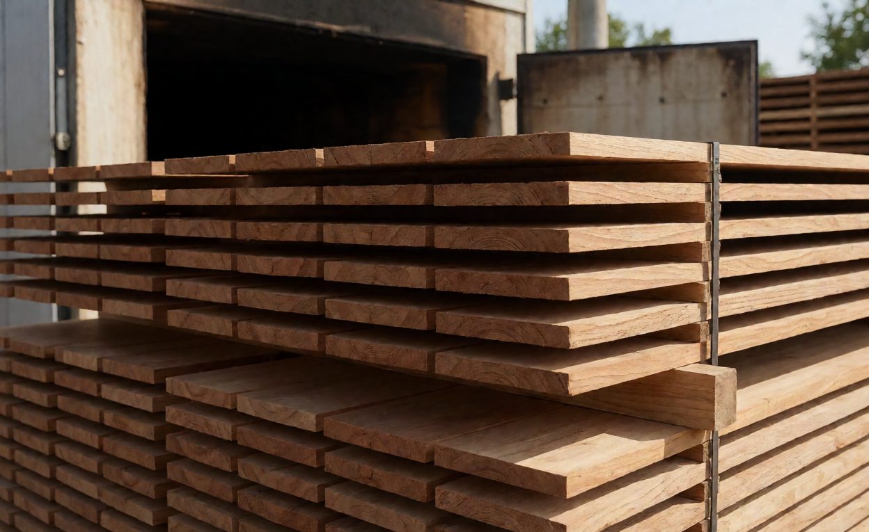 Heat-Treated Timber For Export Crates Stack of heat-treated timber boards beside an industrial kiln