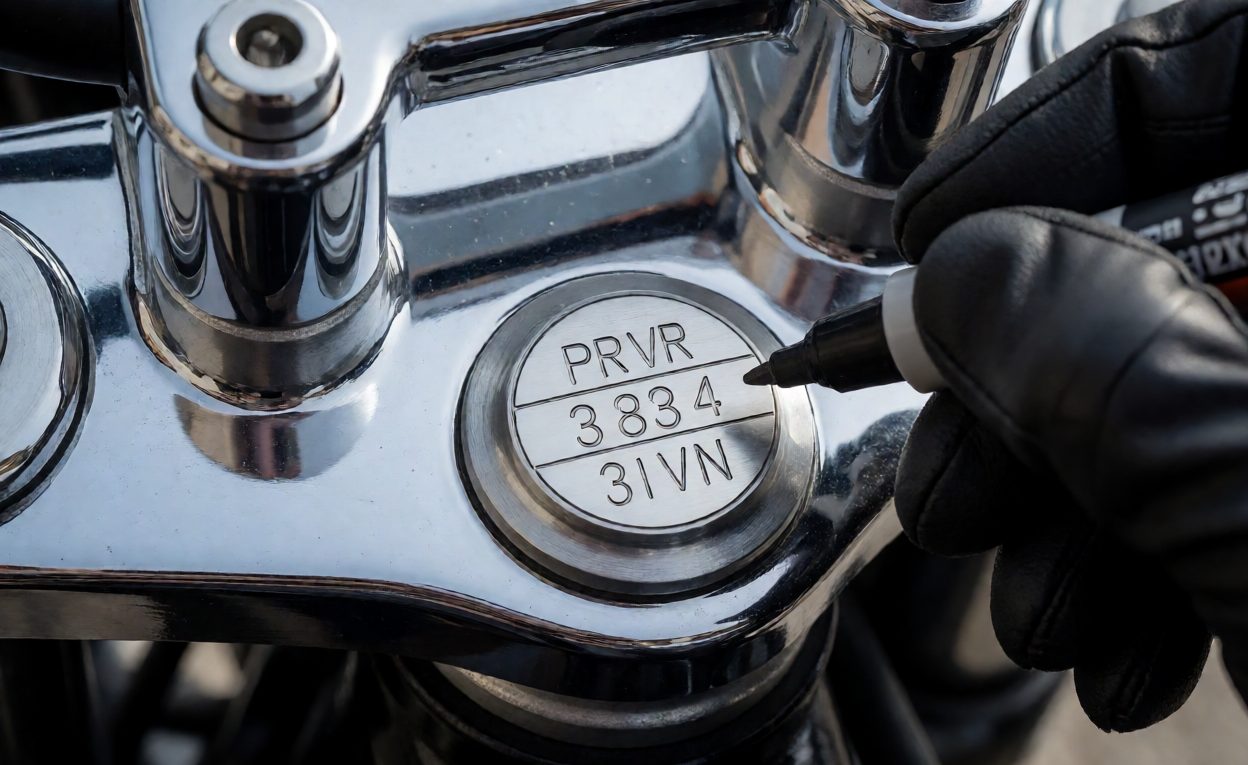 Frame Vin Stamping Checked At Origin Close-up of a motorcycle frame VIN stamping plate on the steering head