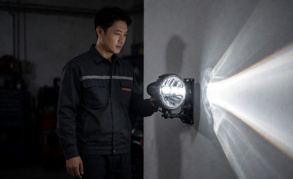 Headlight Beam Pattern Check Technician checking a motorcycle headlight beam pattern projected on a wall