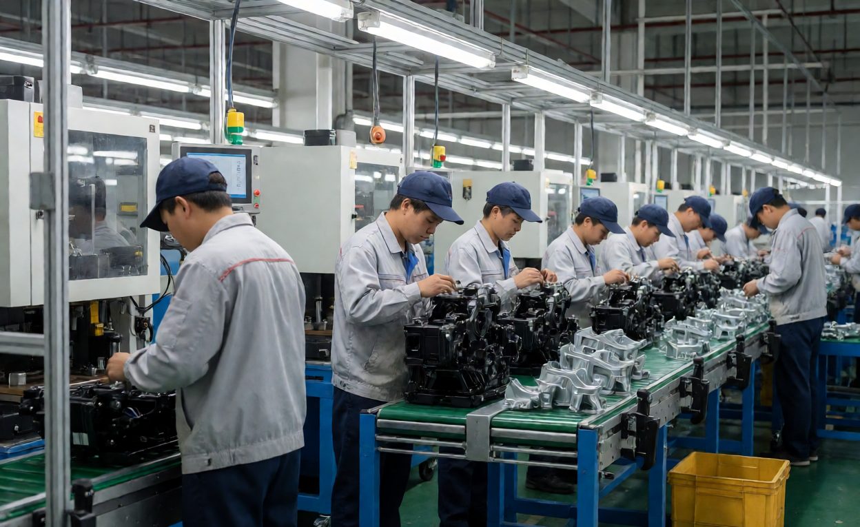 Motorcycle Production Line Motorcycle production line with workers assembling units