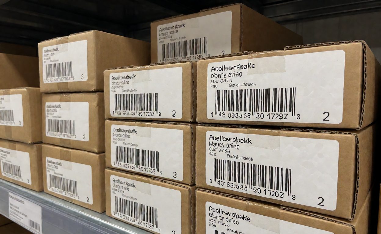 Labelled Parts Stock Ready For Pricing Boxed motorcycle spare parts with barcoded labels on a warehouse shelf