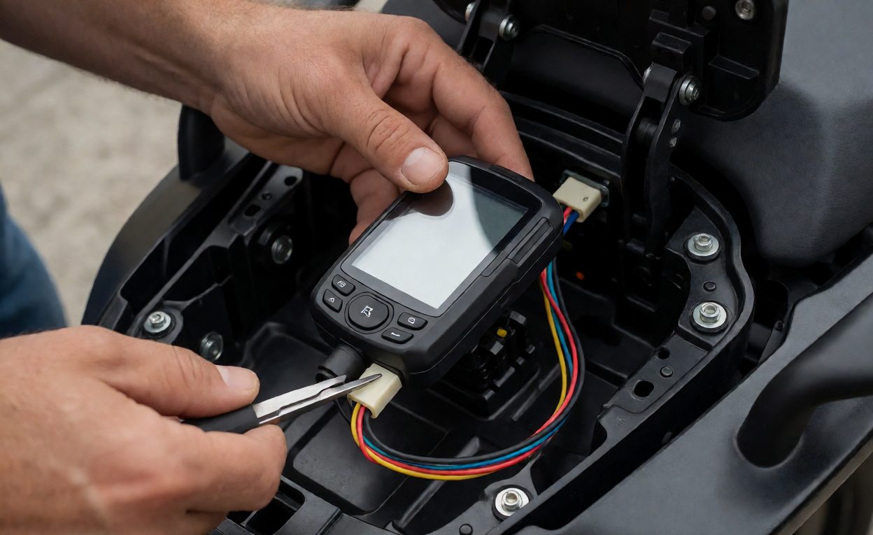 Tracker Installation Under The Seat GPS tracking device being installed under a motorcycle seat