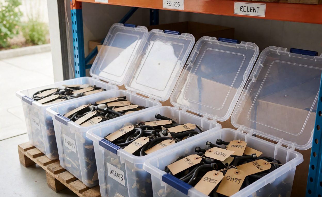A Returns Area That Lets Claim Review Happen Returned parts with identification tags in warehouse returns bins