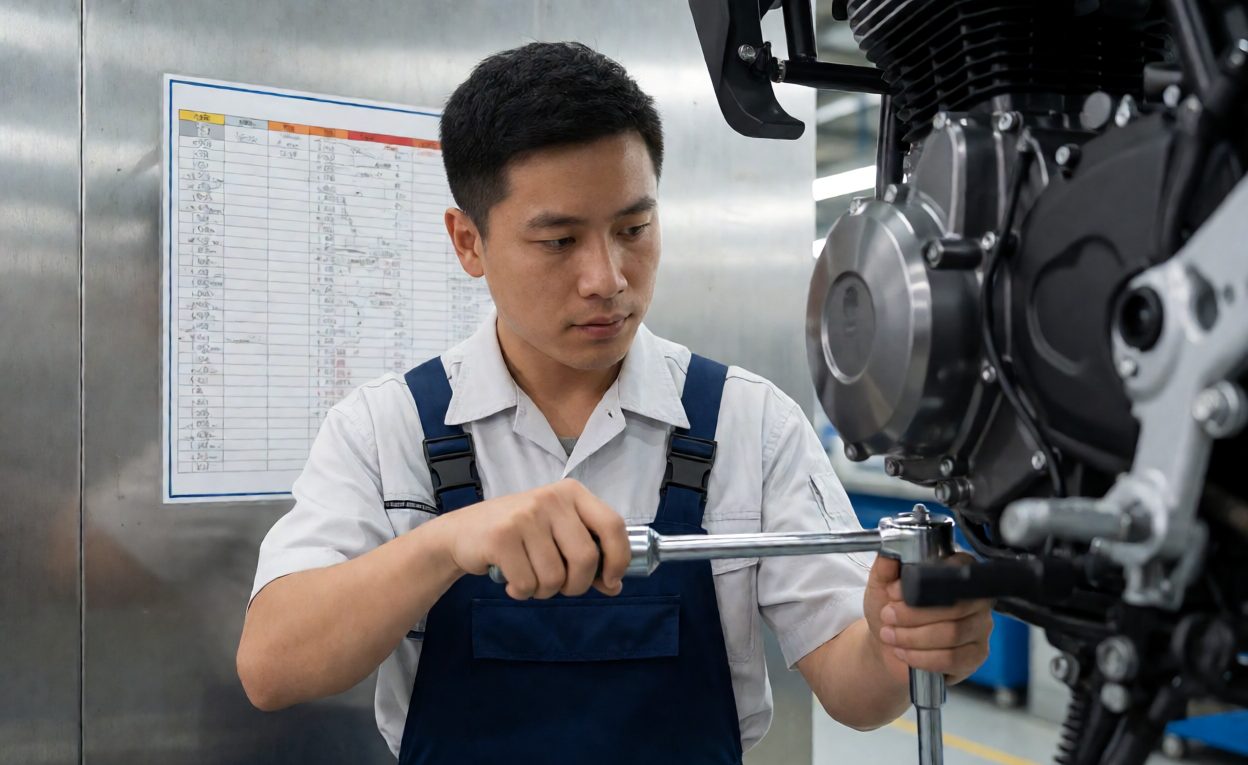 Torque Controlled Fastening At An Assembly Station Worker tightening an engine mount with a torque wrench on the assembly line