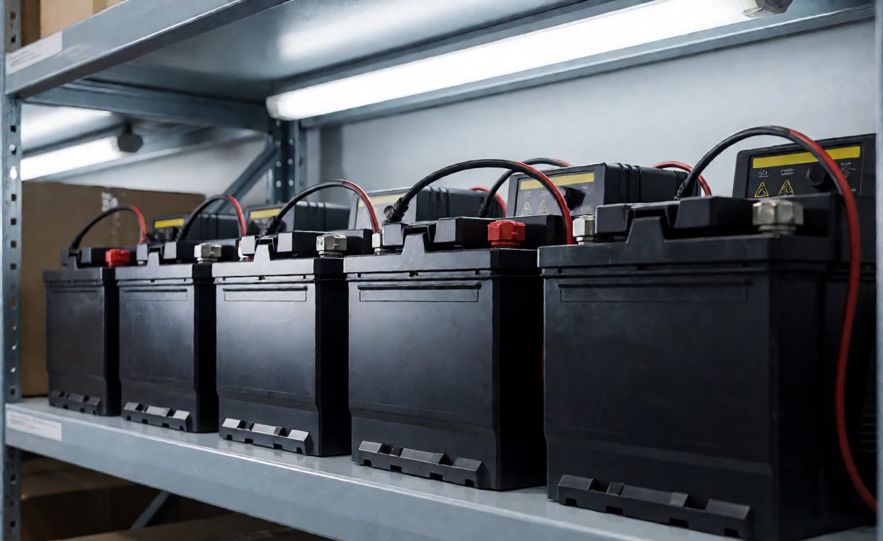 Battery Storage With Maintenance Charging Motorcycle batteries on warehouse shelving connected to maintenance chargers