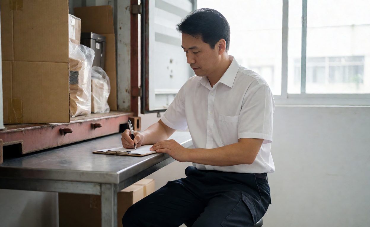 Checking The Packing List During Loading Loading supervisor ticking items on a packing list beside an open container