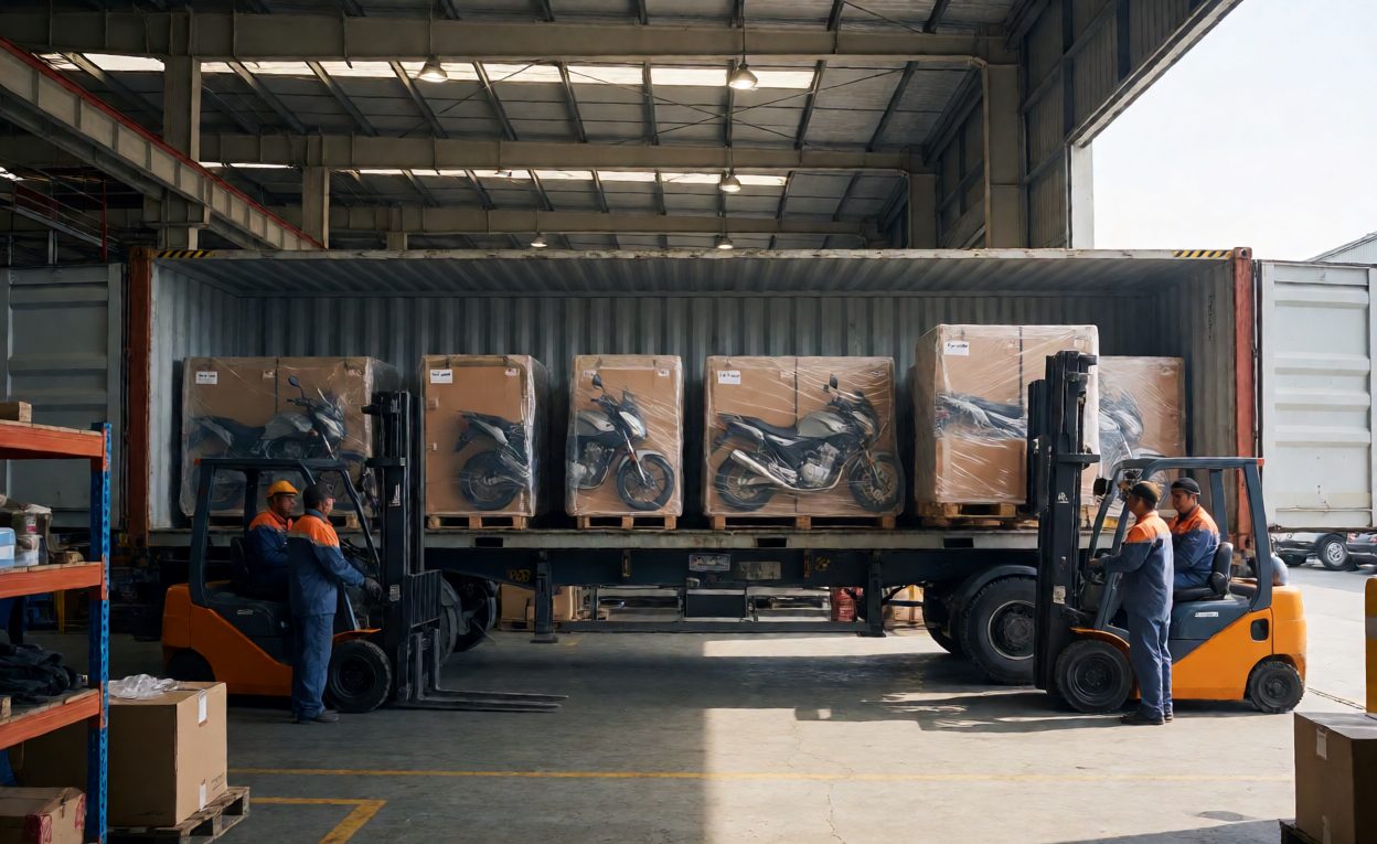 Crated Motorcycles Loaded Into A Container Row of crated motorcycles standing in a container being loaded